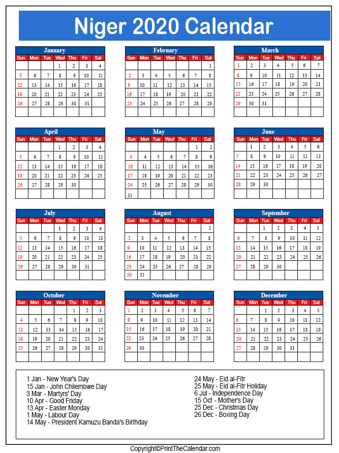 Malawi Printable Calendar 2020